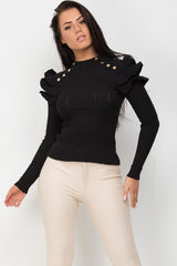 black frill shoulder long sleeve gold button knitted jumper