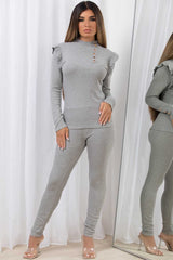 ribbed loungewear set with gold buttons and frill shoulder