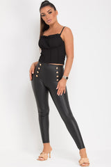 black faux leather leggings with gold buttons uk