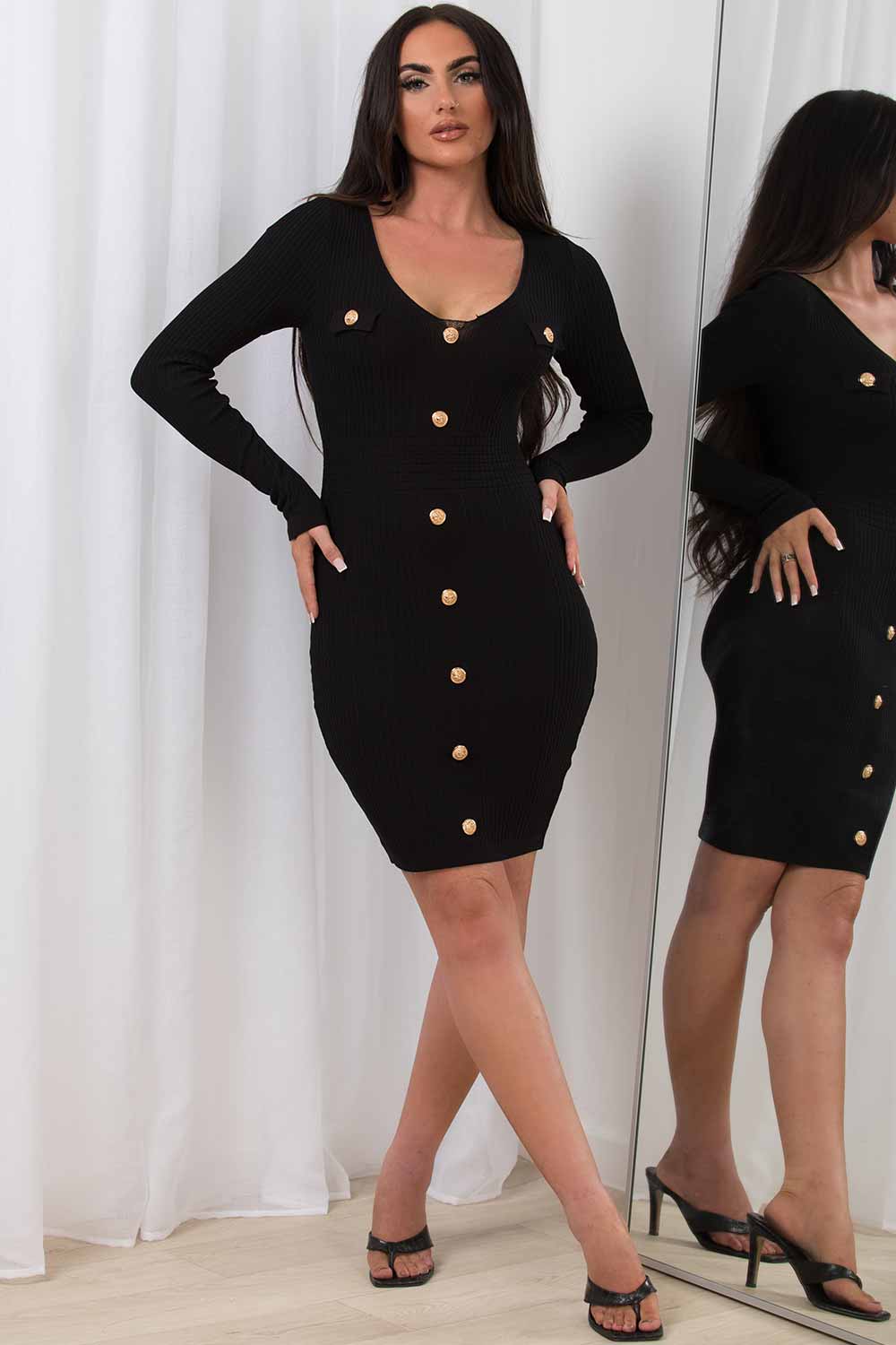 midi dress with gold button long sleeves