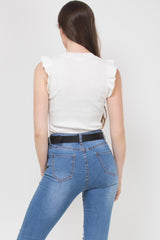 frill detail ribbed gold button top cream