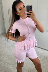 pink ribbed gold button top and shorts two piece set 