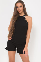 black ribbed top with gold buttons and frill hem high waisted shorts set black