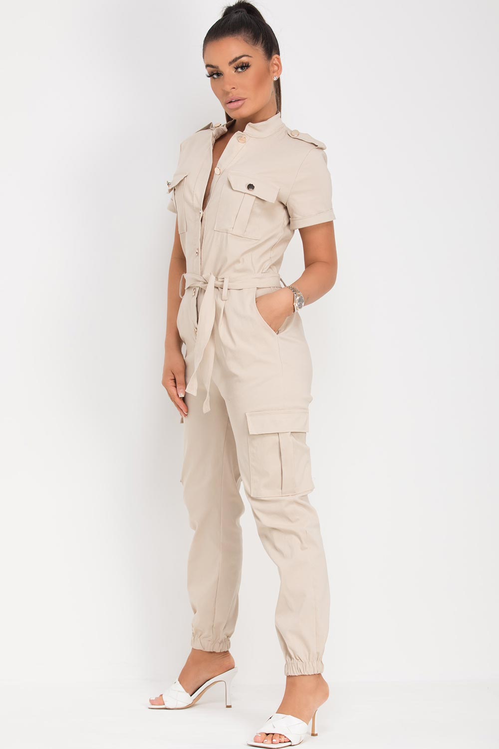 jumpsuit with utility pockets stone