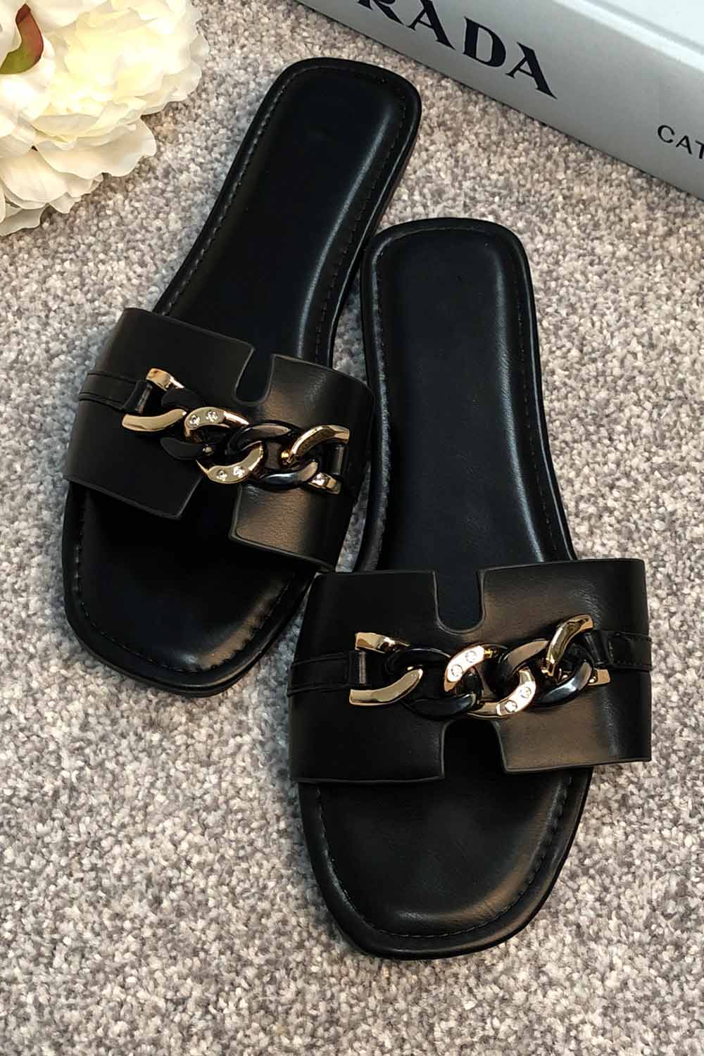 black sliders slip on sandals uk