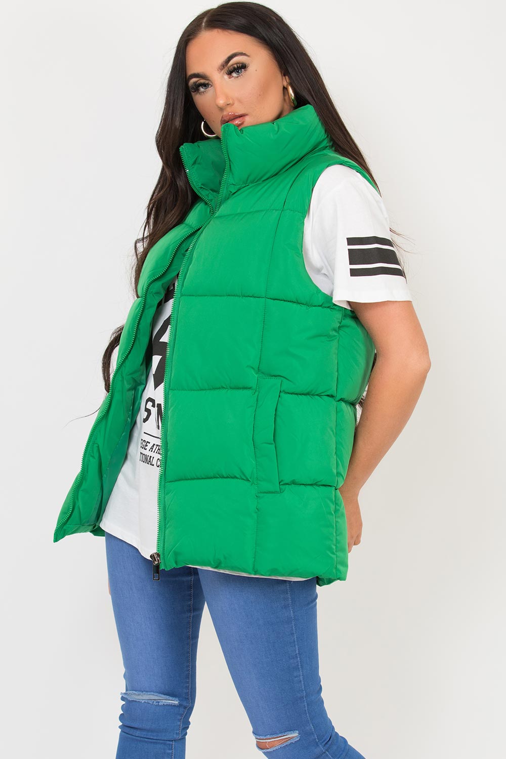 Women's Green Gilet Body Warmer Puffer Padded Sleeveless Jacket –