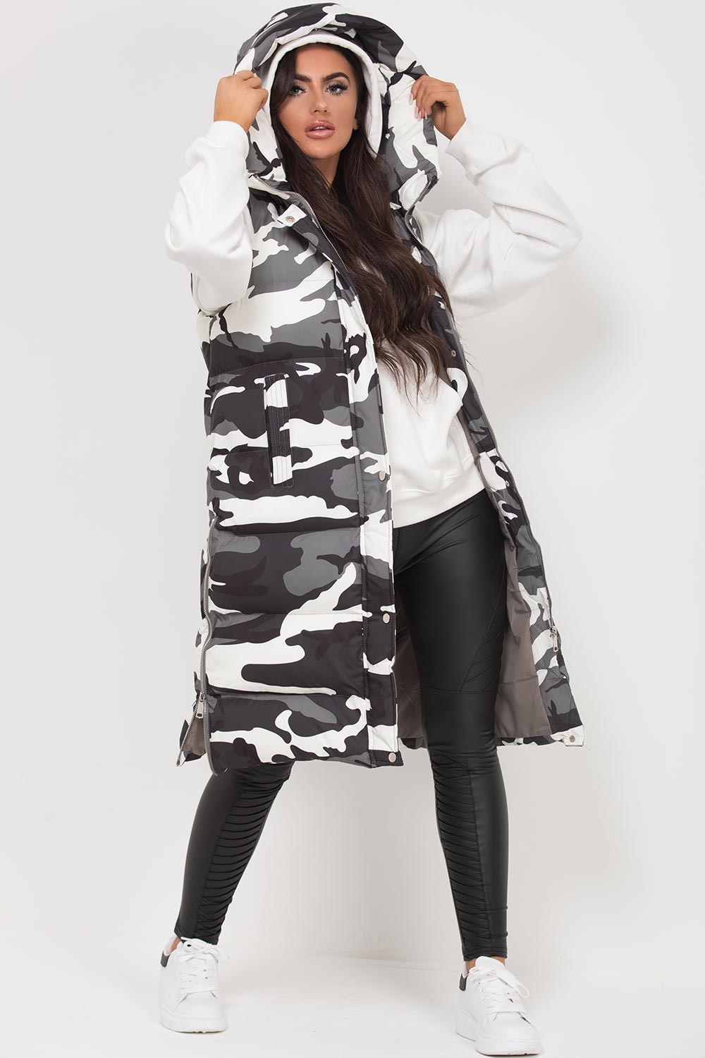 long hooded puffer padded camouflage gilet sleeveless jacket womens