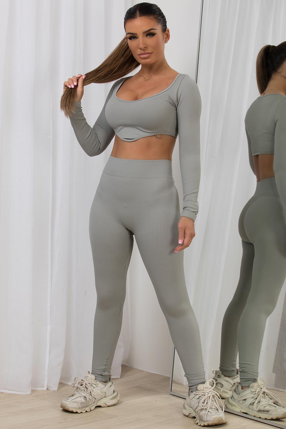 Women's Rib Contour Loungewear Set Grey Gym Wear –