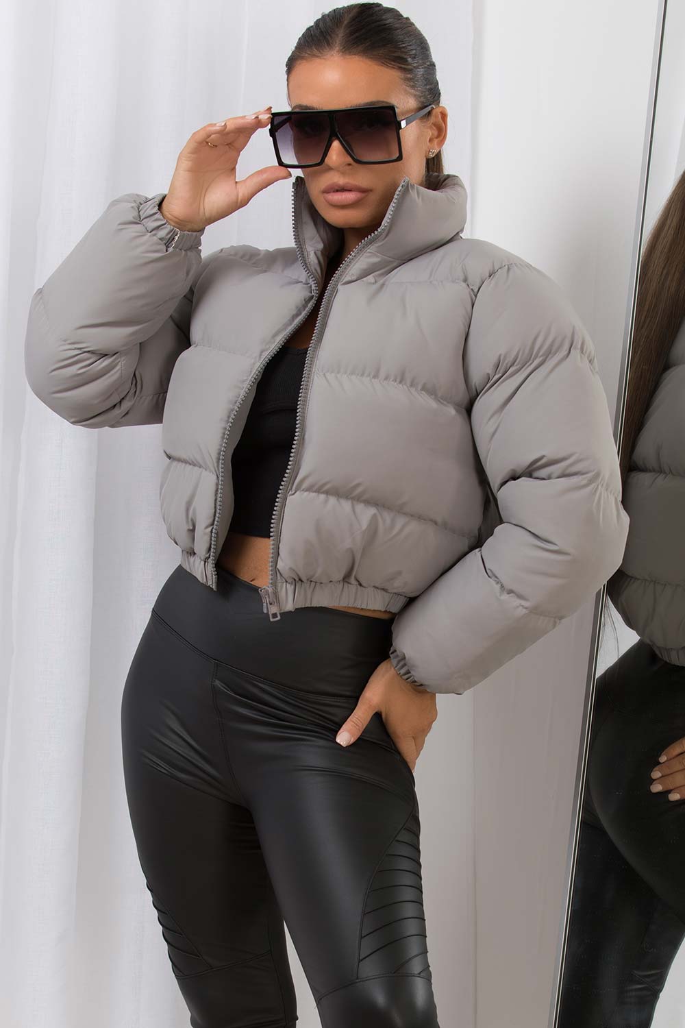 grey puffer cropped jacket womens