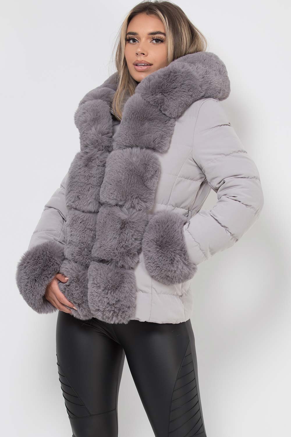 Grey Faux Fur Trim Hooded Puffer Jacket