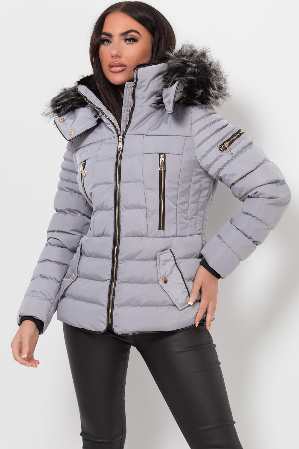 puffer jacket with faux fur hood grey