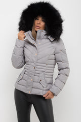 womens grey puffer coat with big fur hood