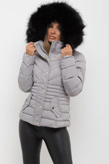 grey fur hooded puffer jacket womens uk 