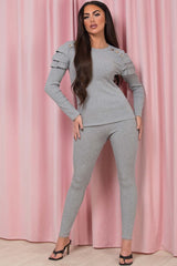 ribbed frill shoulder gold button loungewear set