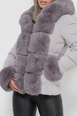 puffer down coat with faux fur hood and cuff womens