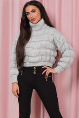 grey roll neck bubble knit cropped jumper
