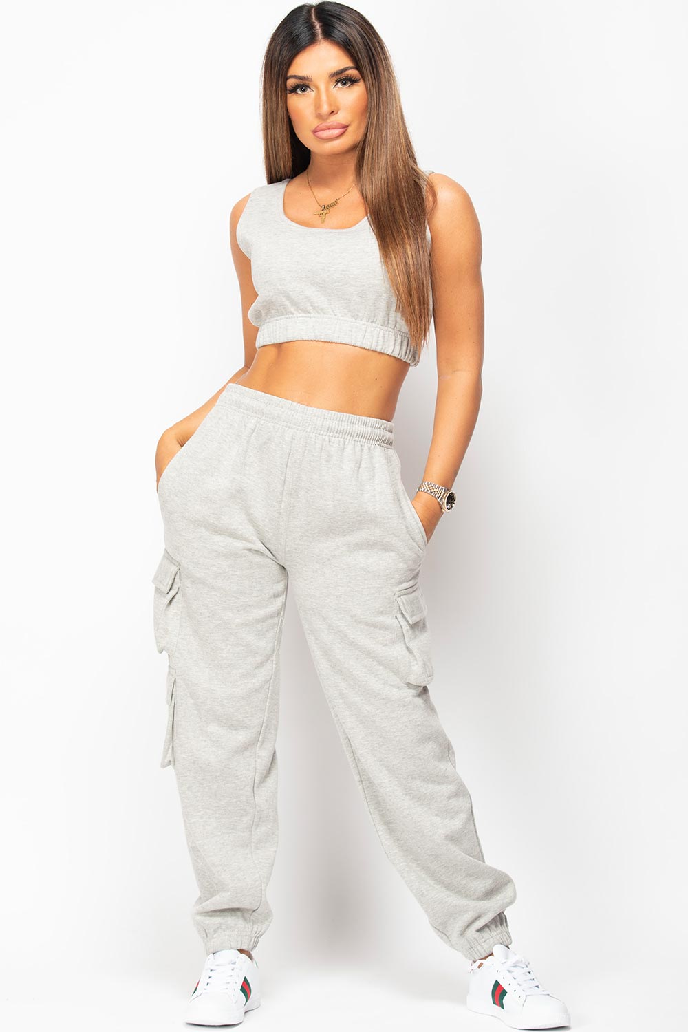 grey joggers with utility pockets 