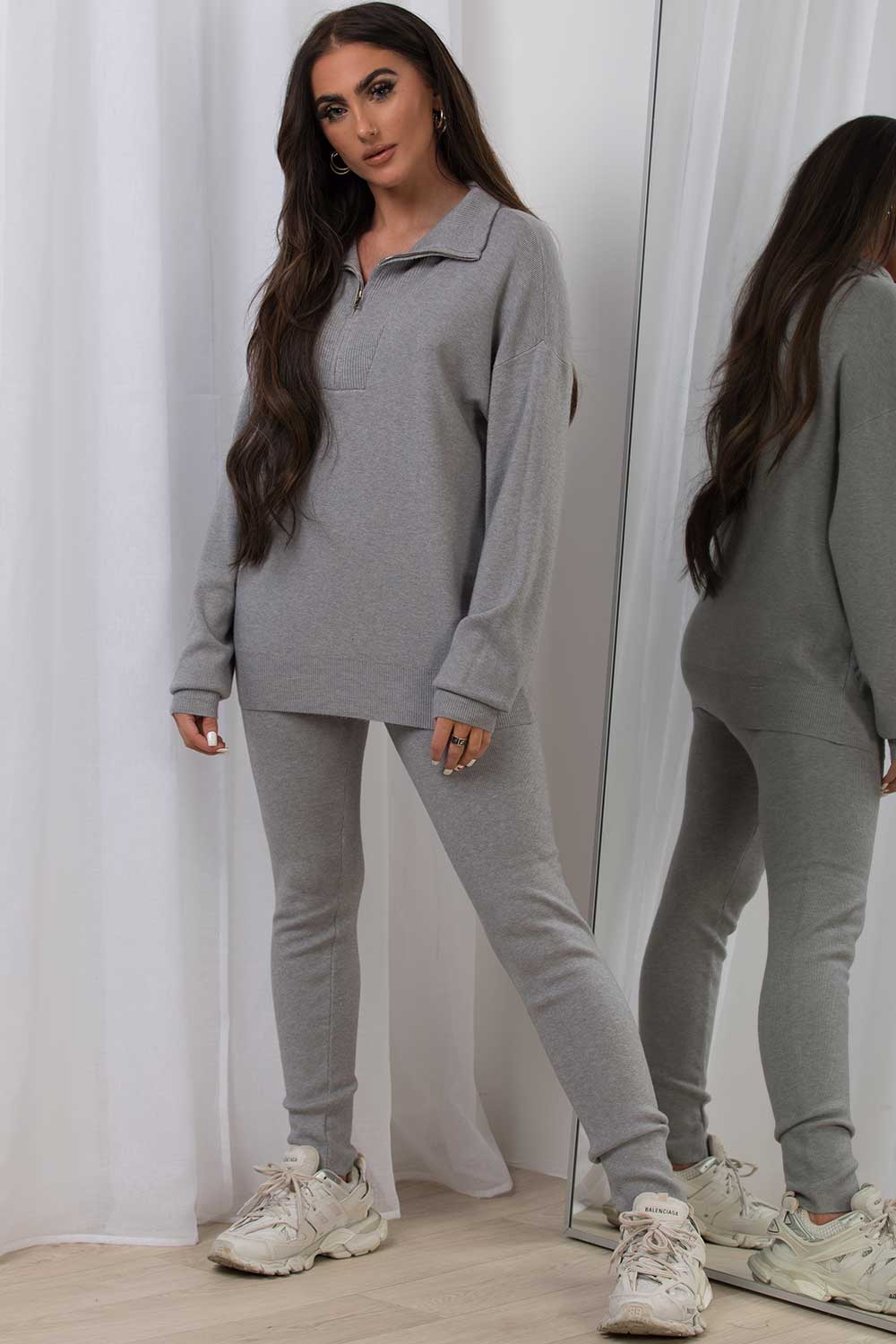 womens knitted half zip jumper and leggings two piece co ord set grey