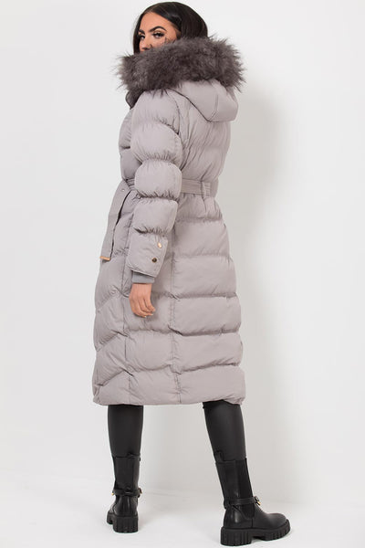 Long Puffer Coat With Fur Hood And Belt Grey – Styledup.co.uk