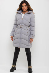 long padded coat with belt womens