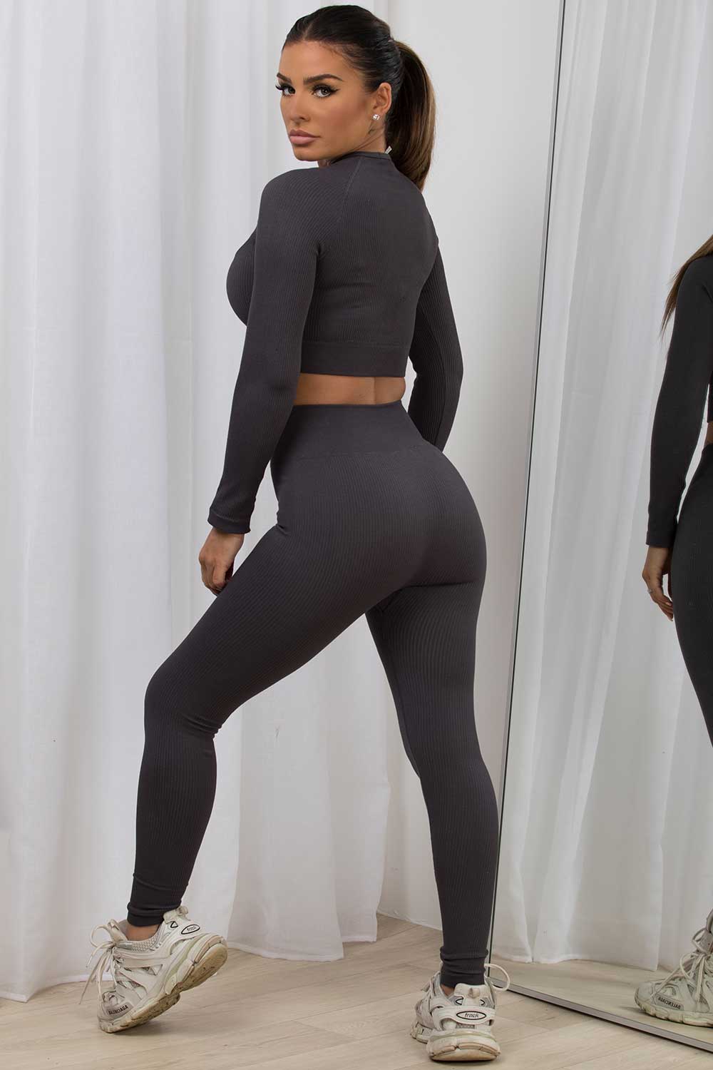 Women's Gym Set Ribbed Co Ord Charcoal Grey –