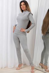 gold button frill shoulder ribbed top and leggings co ord lounge set