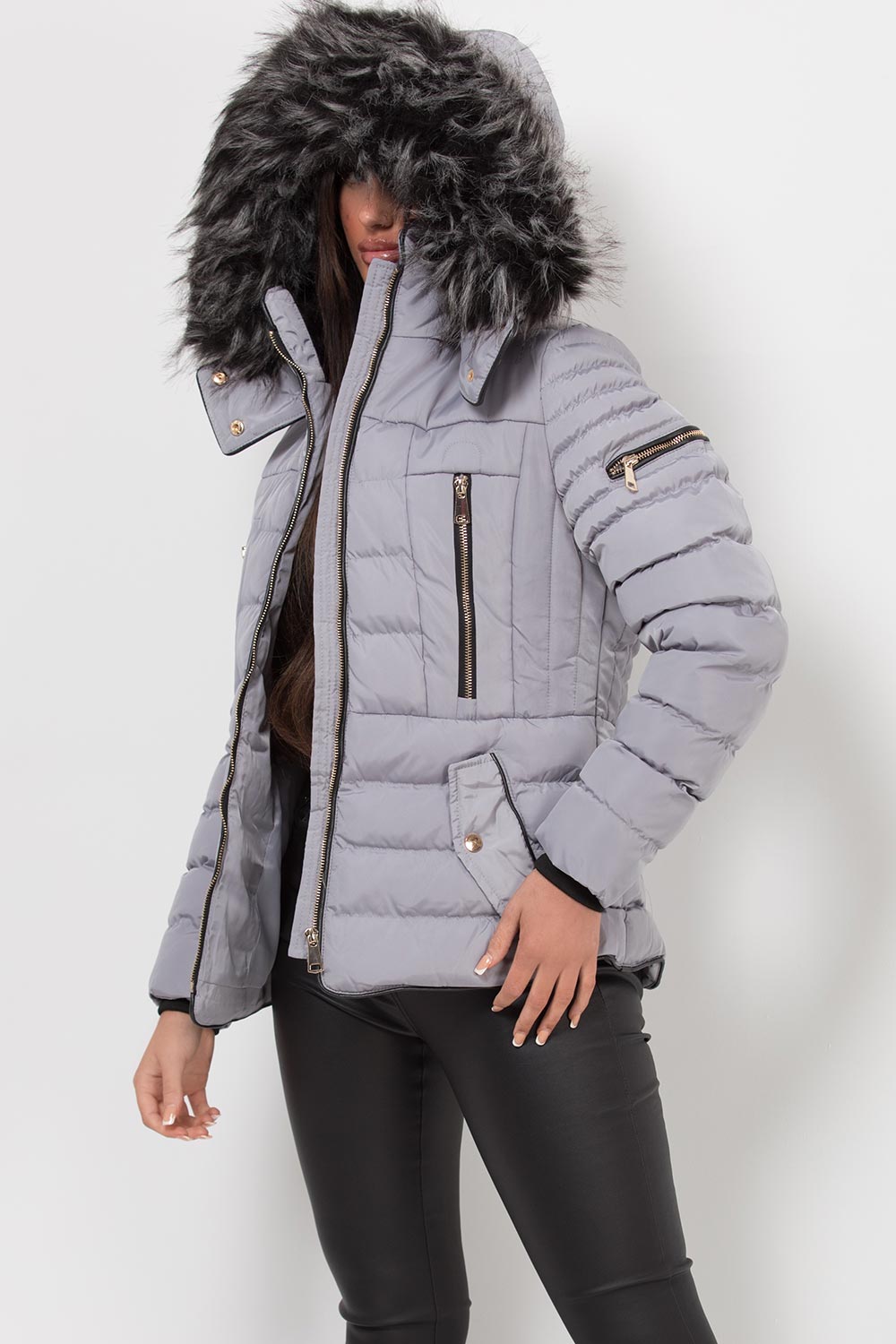 Women's Hooded Puffer Jacket Grey Winter Coat – Styledup.co.uk