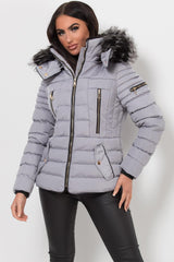 womens grey puffer jacket with faux fur hood
