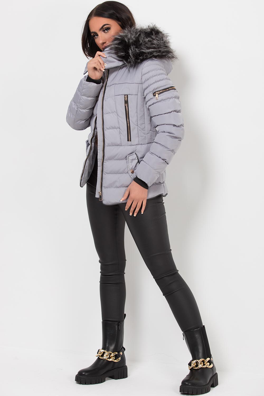 Women's Hooded Puffer Jacket Grey Winter Coat –
