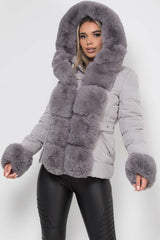 puffer down jacket with fur hood cuff and trim womens