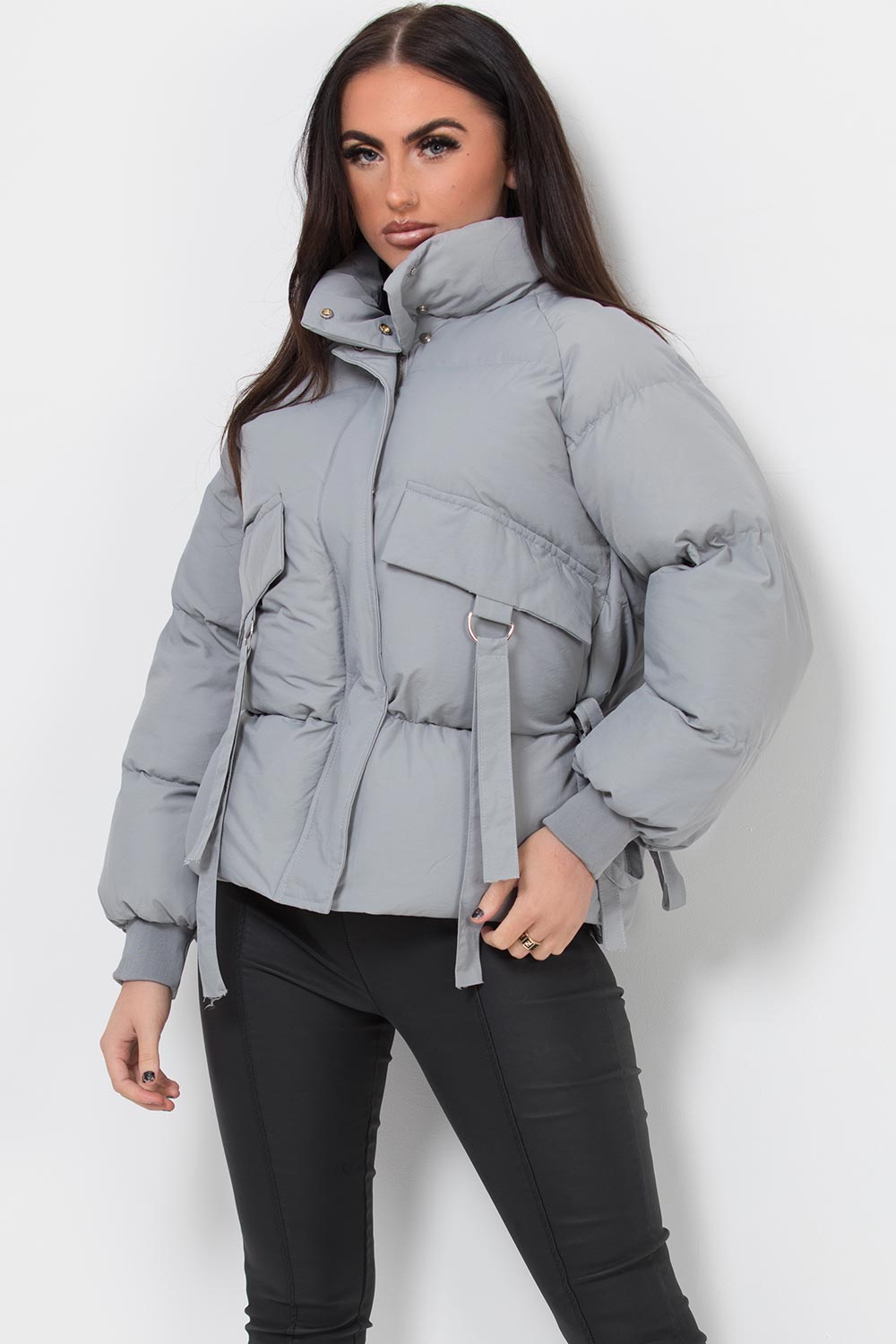 grey puffer jacket with drawstring waist