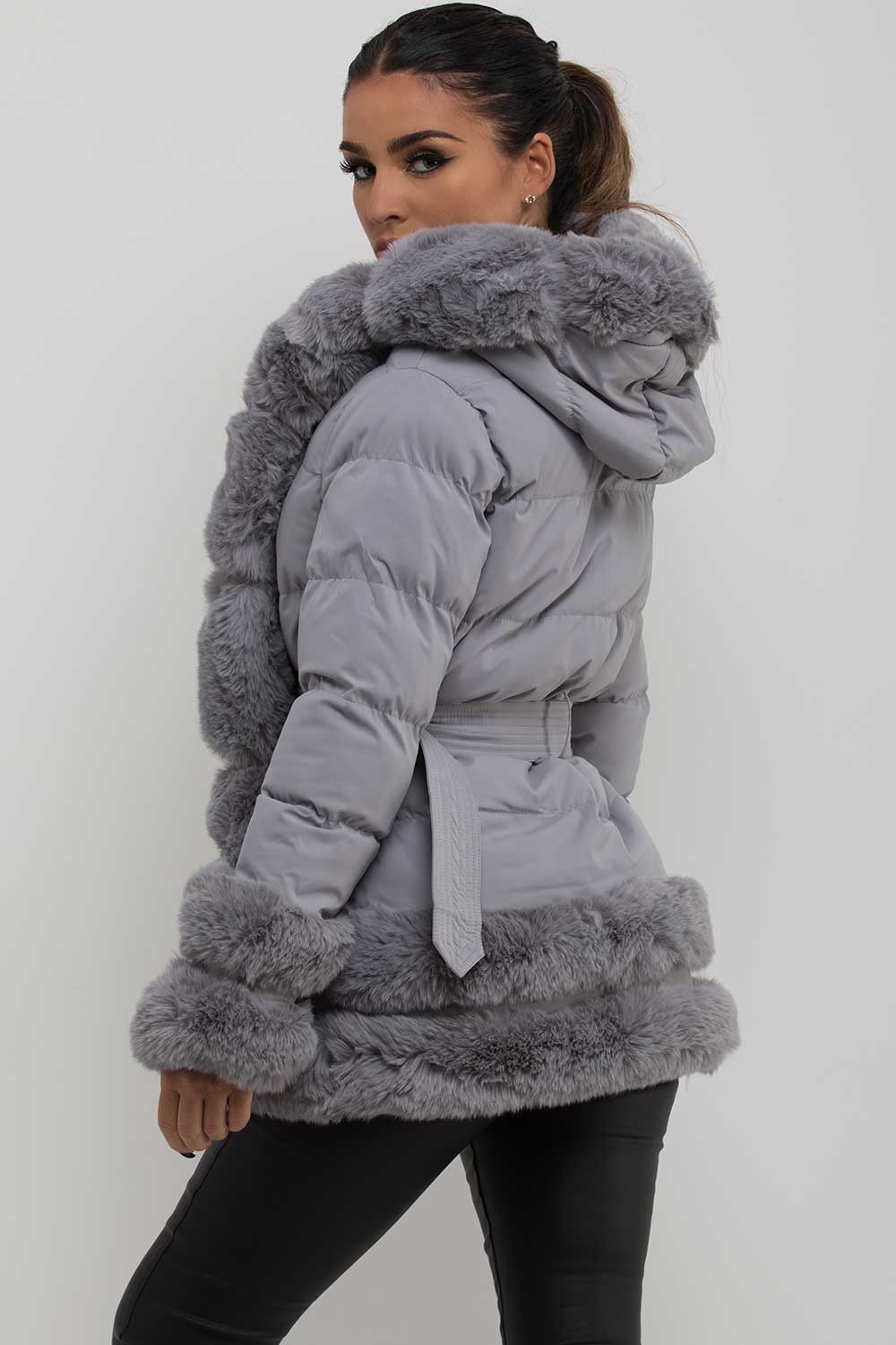 womens padded puffer jacket with fur hood cuff and trim