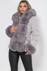 padded puffer hooded jacket with luxury faux fur hood cuff and trim