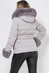 grey faux fur hooded puffer padded jacket with belt