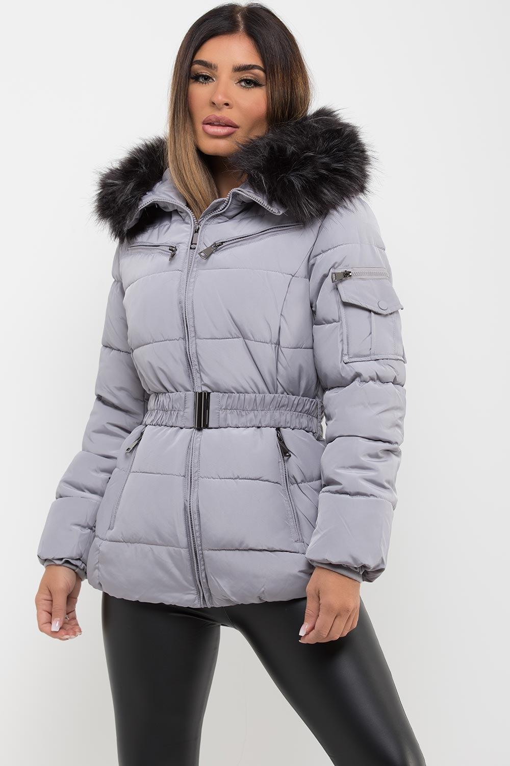 womens fur hood padded puffer jacket with belt