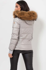 puffer jacket with raccoon fur hood