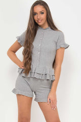 ribbed frill hem button front top shorts two piece set