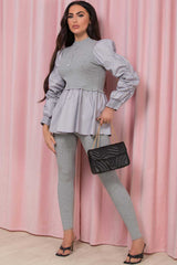 peplum ribbed ruched sleeve co ord set
