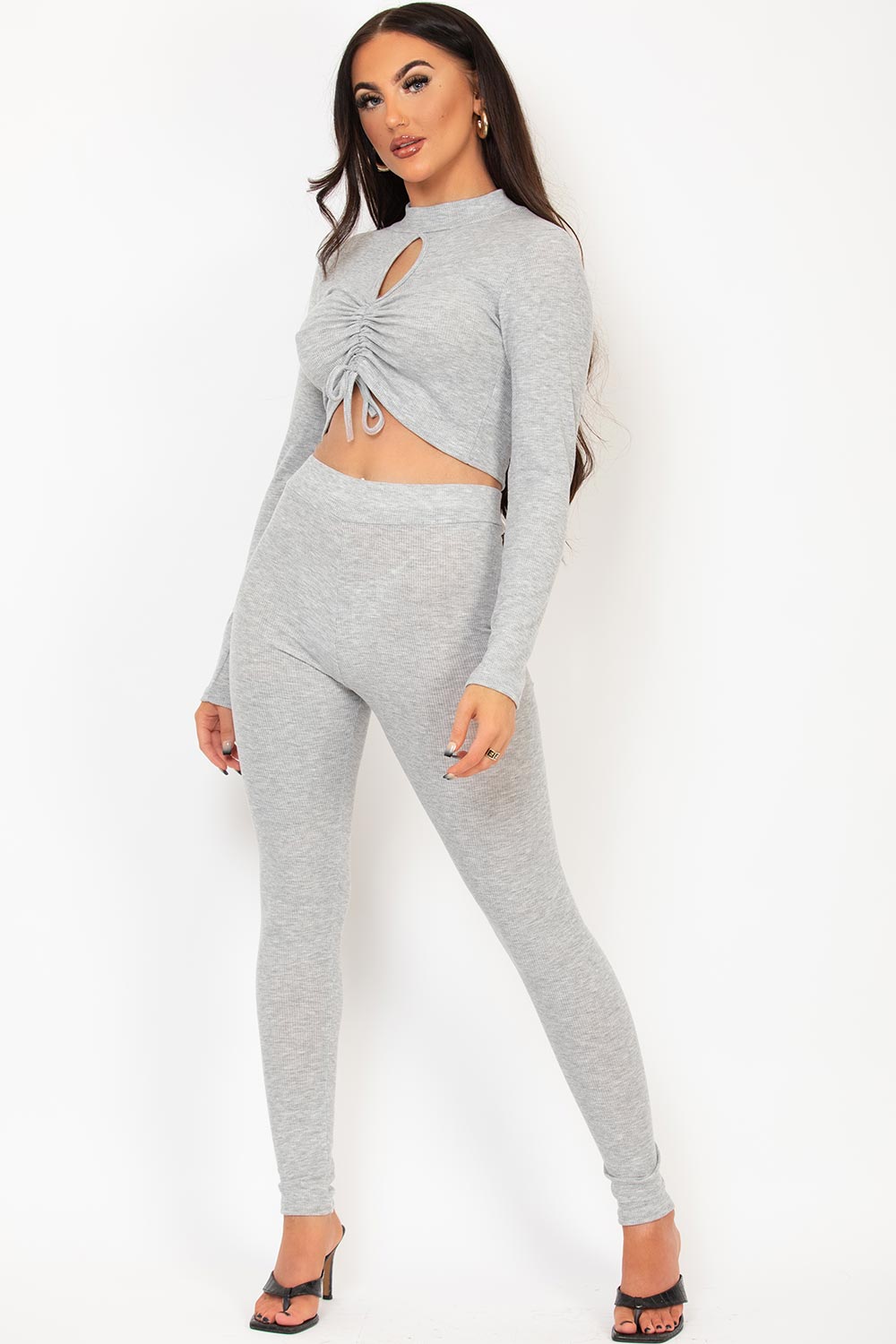 ribbed ruched keyhole cut out lounge set grey
