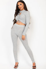 ruched cut out ribbed lounge set grey