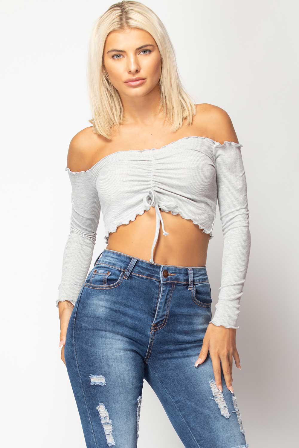 White Ruched Detail Long Sleeve Crop Top