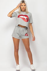 shorts and crop top set with sequin lips 
