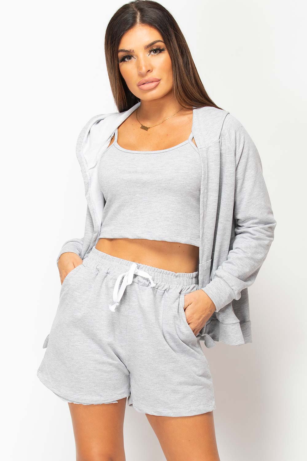 Womens Grey Three Piece Shorts Lounge Set On Sale –