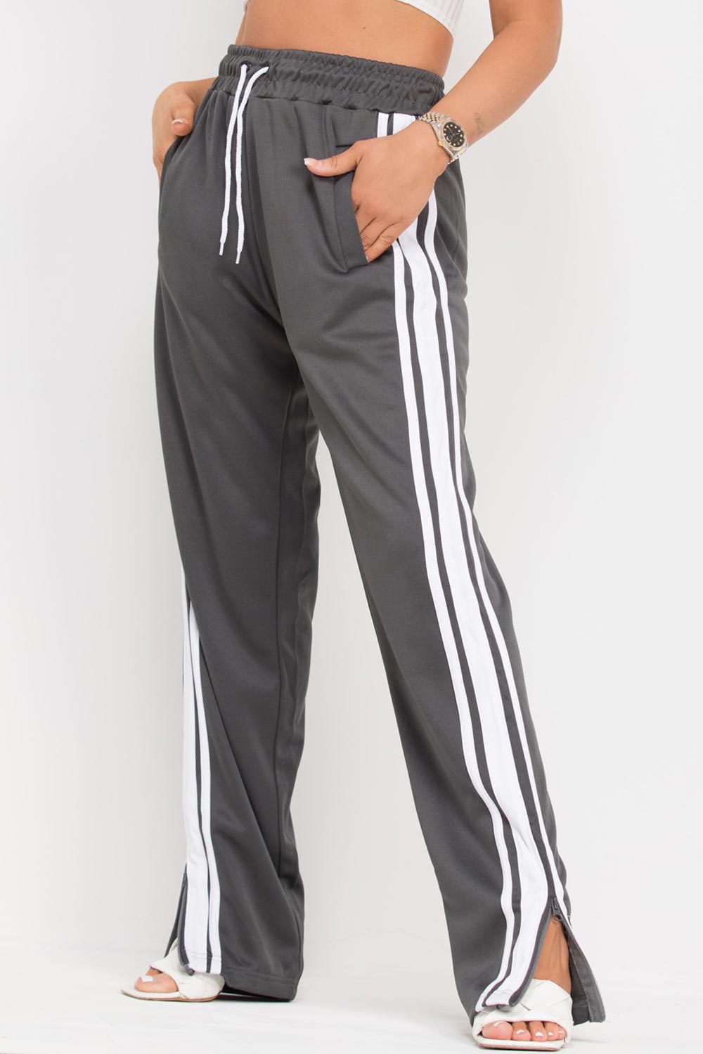 womens wide leg joggers side stripe split hem uk