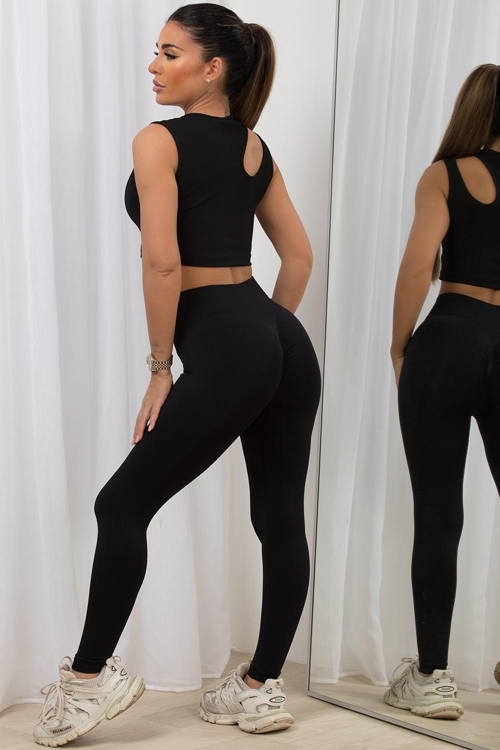 Ribbed Seamless Gym Leggings With Scrunch Ruched Detail Black –