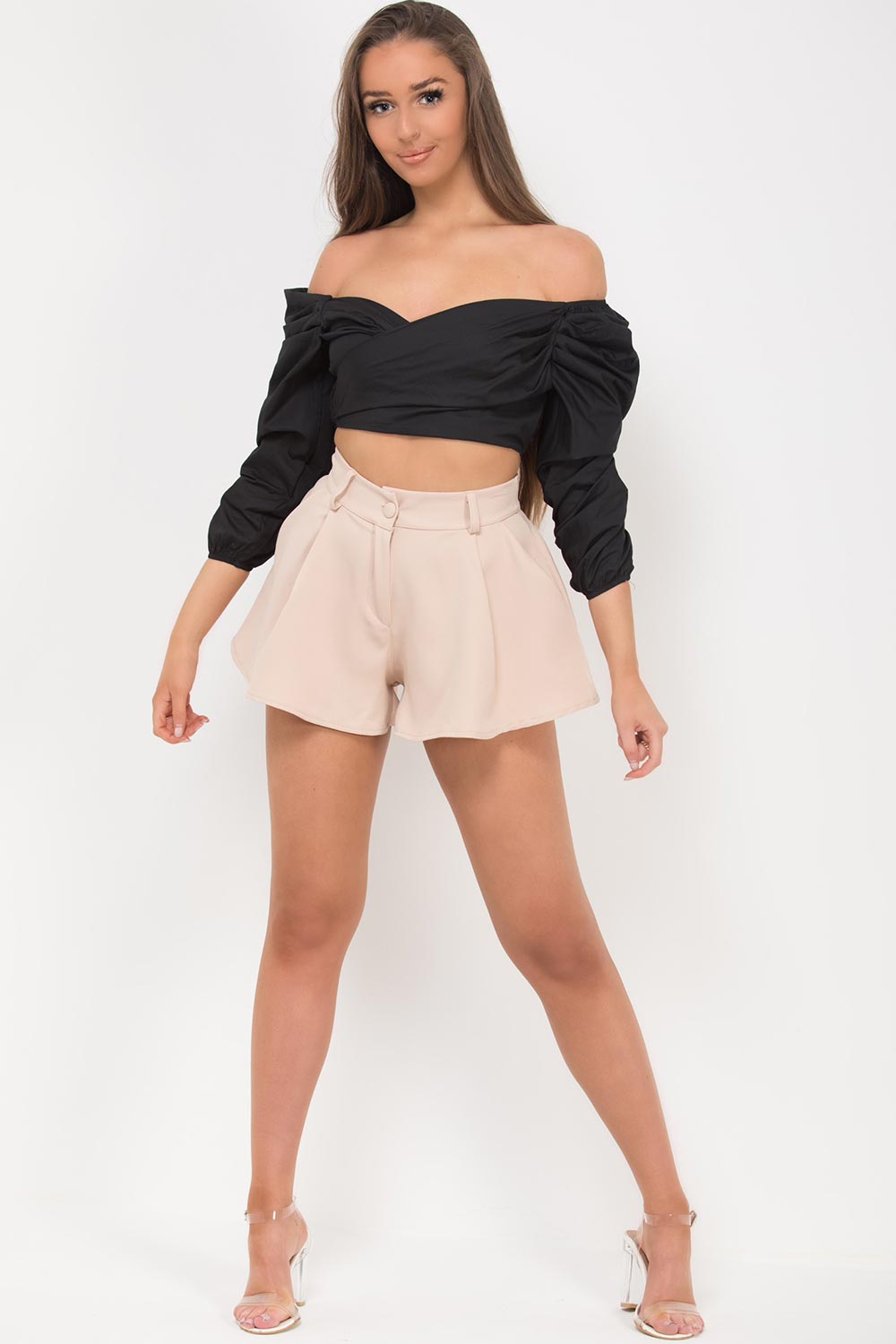 flared high waisted shorts stone