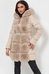 womens fur hood puffer padded long coat