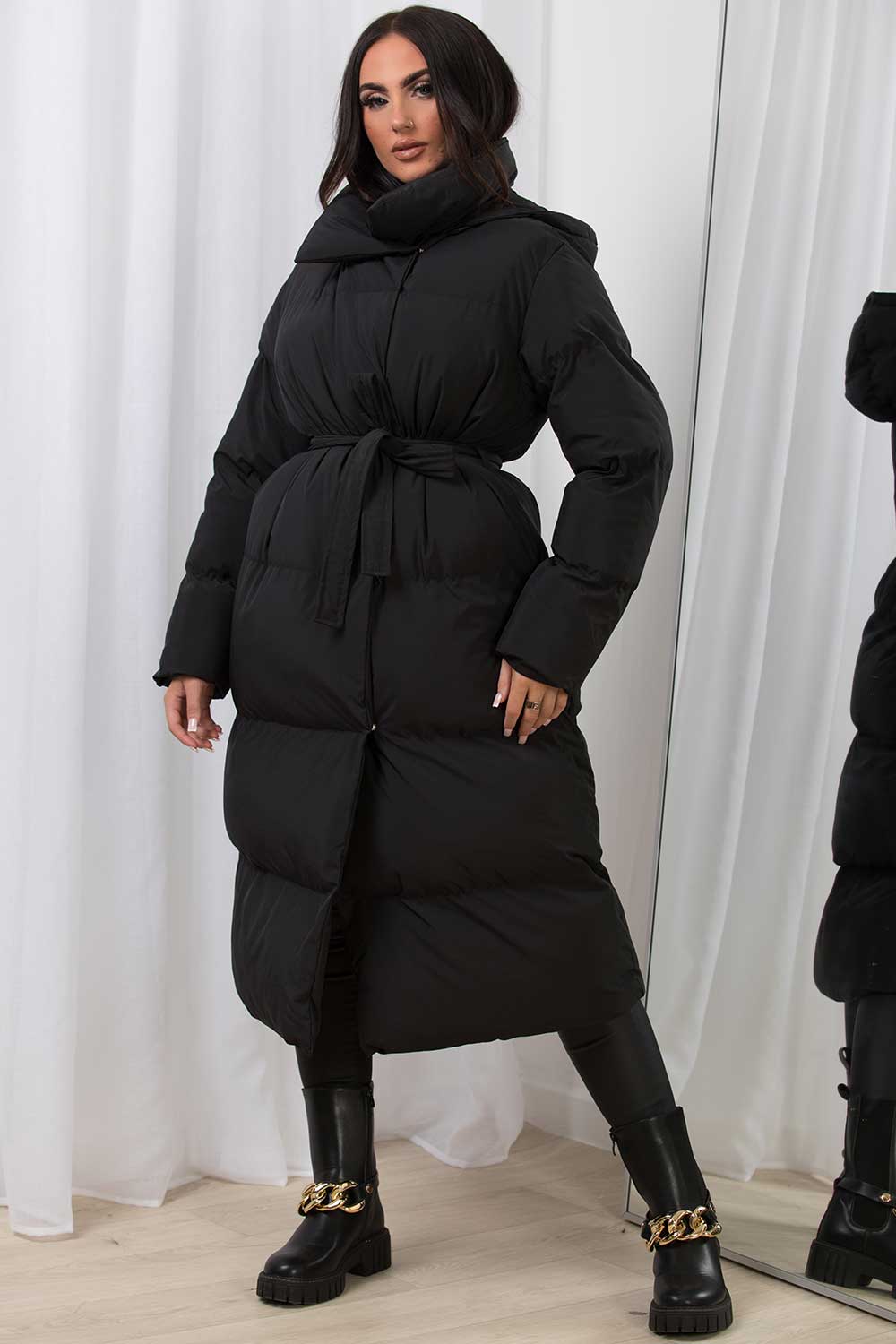 black long puffer padded hooded duvet coat with belt