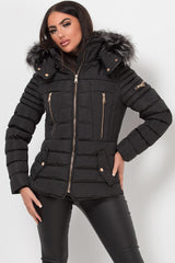 black puffer jacket with faux fur hood