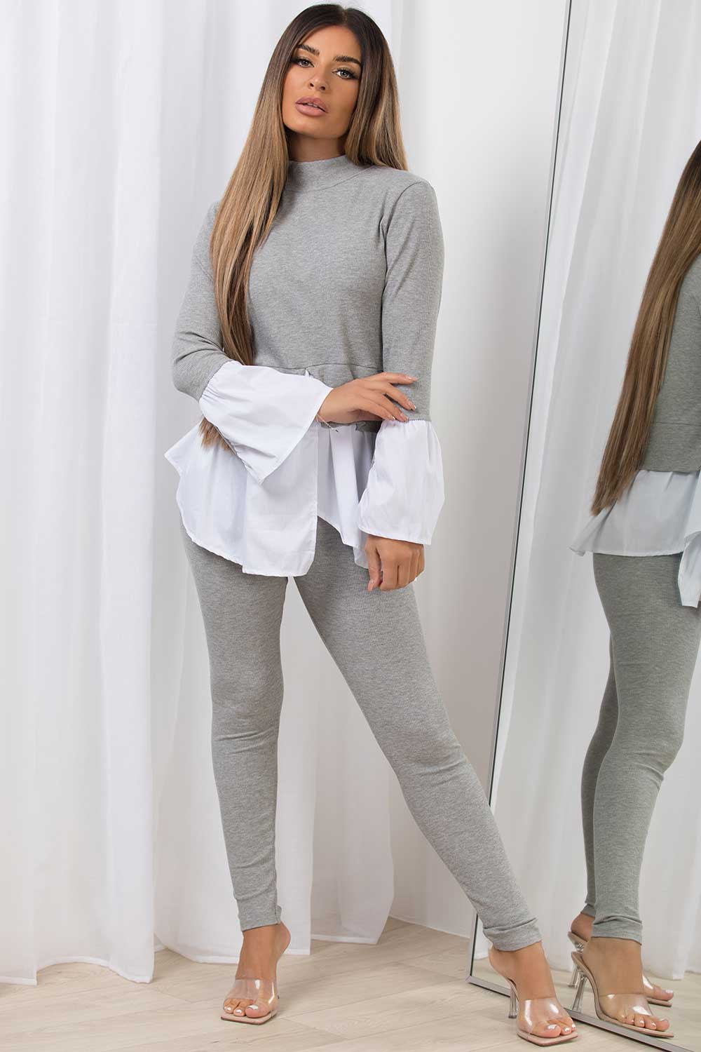jumper shirt with frill hem and ribbed leggings two piece co ord set
